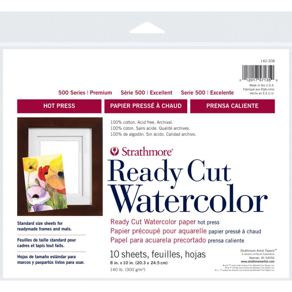 Watercolour Paper, Hot Press (smooth with tooth) ... by Strathmore . Series 5 (best, most excellent) paper - 300gms (140 lb) premium 100% cotton hot pressed paper for watercolours, pen and ink, visual arts. Paper is 8"x10" in size. 10 (ten) Sheets.  Ready Cut paper has a strong surface that is designed for wet techniques in watercolours, pencils, gouache and acrylic. The natural white colour and traditional hot press surface allows for fine lines, even washes, lifting, scraping applications.