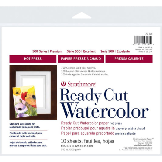 Watercolour Paper, Hot Press (smooth with tooth) ... by Strathmore . Series 5 (best, most excellent) paper - 300gms (140 lb) premium 100% cotton hot pressed paper for watercolours, pen and ink, visual arts. Paper is 8"x10" in size. 10 (ten) Sheets.  Ready Cut paper has a strong surface that is designed for wet techniques in watercolours, pencils, gouache and acrylic. The natural white colour and traditional hot press surface allows for fine lines, even washes, lifting, scraping applications.