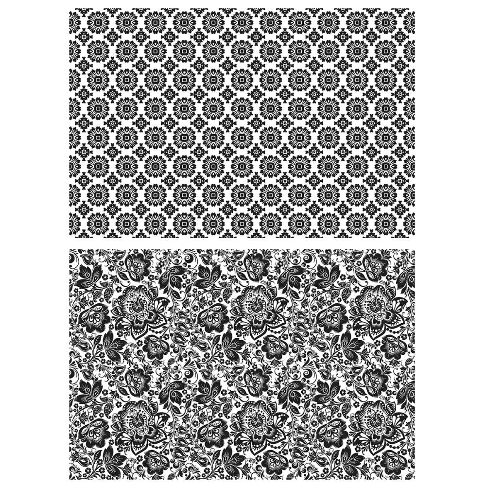 Rosette and Floret ... by Tim Holtz and Stampers Anonymous (cms279). 2 (two) background sized versatile red rubber stamps for mixed media, journaling, visual arts and papercrafts. Designs inspired by vintage tiles and wallpaper.