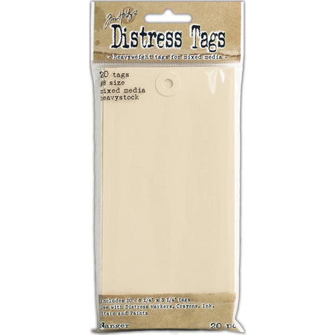 No.8 Tags ... Mixed Media Heavystock Tags - by Tim Holtz Distress ... Size 8 are made of a durable 110 lb heavyweight cardstock, 3 1/4" x 6 1/4" in size with reinforced holes and trimmed top corners. Pack of 20 creamy coloured tags.
