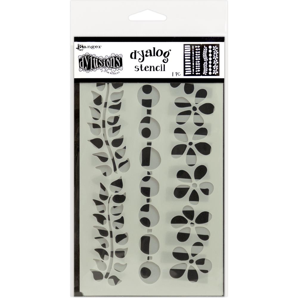 Dylusions Dyalog Stencil Set "Border It" by Dyan Reaveley - featuring 6 edges or dividers, leaves, spots, dashes, arrows, slats, flowers - Closed, the stencil is approx 4.5" x 8.25", ready for including into your planner.  Pack contains 1 folded stencil. Made by Ranger.