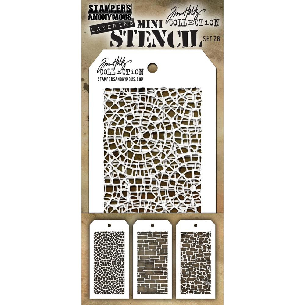 Mosaic - Slate - Stone ... Set no. 28 - Tim Holtz Layering Mini Stencils. Pack of 3, one of each design. Mosaic is of fantastic intricate tiny tiles in circular design, Slate is reminiscent of an organic wall or flooring tile, Stone is designed to be like an old farm fence (drywall) or really old cobblestone paths. Each stencil is 8cm x 16cm with a design space of approx 6cm x 12.5cm.