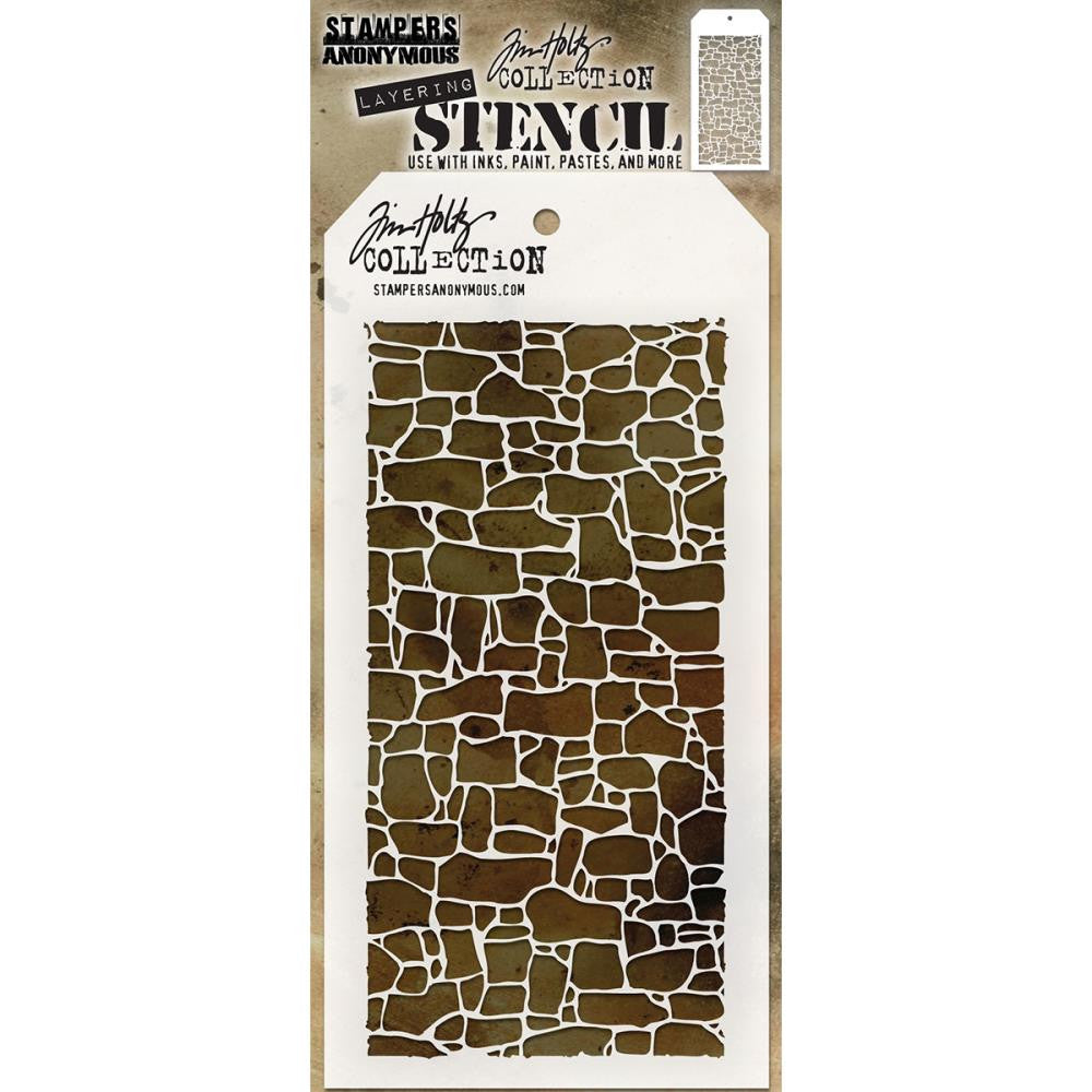 Stone ... layering stencil by Tim Holtz (THS086). Naturally shaped organic rock wall. Stencil size: 4" x 8 1/2".  This Tim Holtz layering stencil is covered with organic rock (stone) shapes in different sizes, just like a wall, roadway or footpath.  Create layers of colour and texture using this stencil with a wide variety of art supplies - paints, pastels, markers, pencils, gesso, texture paste, mediums and other art and craft materials.