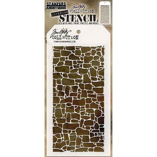 Stone ... layering stencil by Tim Holtz (THS086). Naturally shaped organic rock wall. Stencil size: 4" x 8 1/2".  This Tim Holtz layering stencil is covered with organic rock (stone) shapes in different sizes, just like a wall, roadway or footpath.  Create layers of colour and texture using this stencil with a wide variety of art supplies - paints, pastels, markers, pencils, gesso, texture paste, mediums and other art and craft materials.