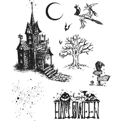 Haunted House - cling stamp set by Tim Holtz and Stampers Anonymous (cms308). A set of 8 (eight) designs for all those magical and Halloween inspired moments in papercrafts, journaling, mixed media, cardmaking and visual arts.