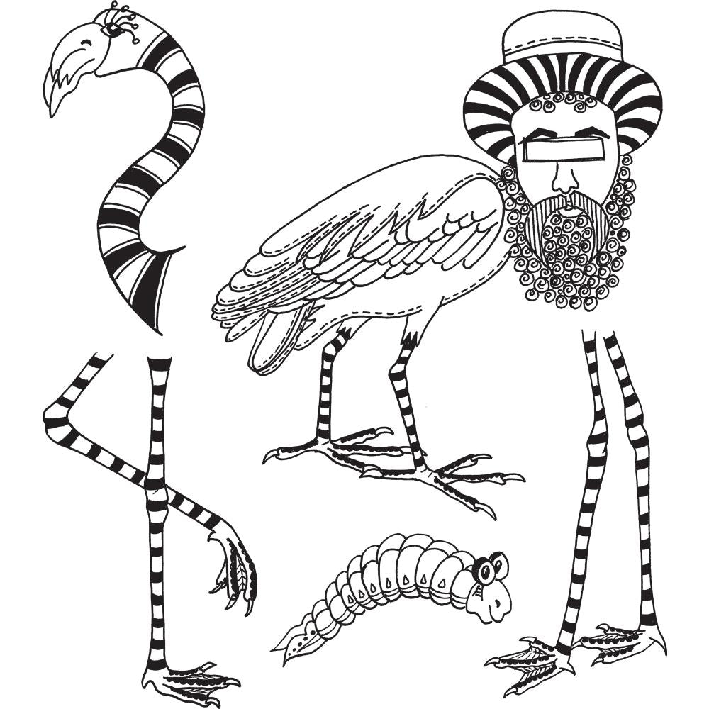 Waddle Waddle ... cling stamps set - Dylusions by Dyan Reaveley, made by Stampers Anonymous for Ranger and Dyan. A set of 5 designs. Need a flamingo in your art but want it to look fun and inspiring? Look no further! This fab collection of stamps includes 2 sets of bird legs, 1 bird body (and legs), a grub, flamingo head (and stripy neck) and a bloke's head wearing a hat. He's even got a groovy curly beard. Set of 5 cling rubber stamps.