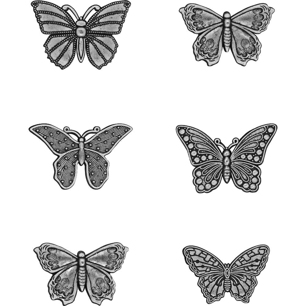 Butterflies - Papillons - Mariposas ... Idea-Ology Adornments - 6 Metal Pendants by Tim Holtz (1 of each design).  This pack of metal adornments feature 6 (six) beautifully designed butterflies. Each is intricately designed, showing incredible details and markings. They are finished in an antique silver colour and measure from 33mm to 40mm across their wingspan. Photo of the designs.