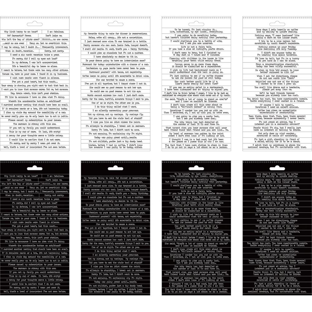 overview of the quote stickers from Snarky Small Talk Stickers - Tim Holtz Idea-Ology ... An amusing collection of thoughts and phrases to create your own conversation. 8 (eight) sheets with 218 stickers. This booklet of phrases includes funny, quirky, subtle, obvious, blunt, sarcastic, gentle and interesting sayings... perfect for journaling, planners, cardmaking, tags, scrapbooking - anything really :D They're simply alot of fun! Booklet size is approx 4.5" x 9".