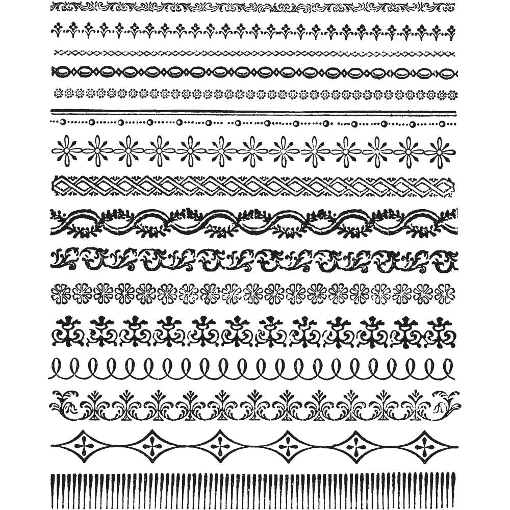 Ornate Trims ... 16 (twelve) rubber stamps by Tim Holtz and Stampers Anonymous (CMS326). Vintage borders and edging designs for mixed media, papercraft and visual arts. A wonderful detailed collection of etchings featuring flowers, ornate and intricate linework, flourishes and swirls to use as borders, edging, in between columns in bullet journaling, and as lines for cards, journals, anything!