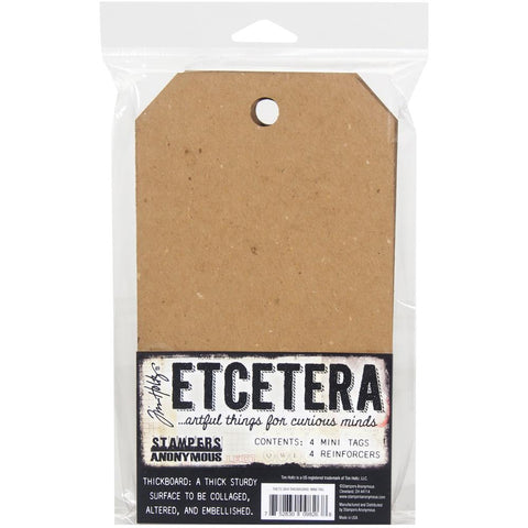 Etcetera Thickboard Tags, Mini - by Tim Holtz and Stampers Anonymous. Pack of 4 (four) craftwood tags and 4 rings, each tag is 4 1/2" x 8". Tim Holtz Etcetera Thickboard is a kraft brown hardboard substrate, a 2-3mm thick wood-like material used for mixed media. Etcetera tags are made with compressed paper, made to have the look and feel of mdf or craftwood.