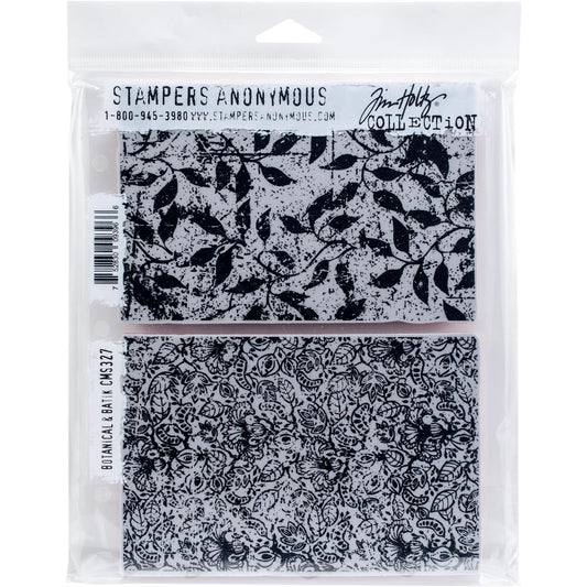 Botanical & Batik ... by Tim Holtz and Stampers Anonymous (cms327). 2 (two) background sized beautiful rubber stamps for mixed media, journaling, visual arts and papercrafts.   This set features two different designs that can be used alone or together. - Botanical is a leafy design with a grunge distressed background. - Batik is an intricately detailed design of flowers, leaves and seeds. Both are 15cm x 10cm (6" x 4") in size.