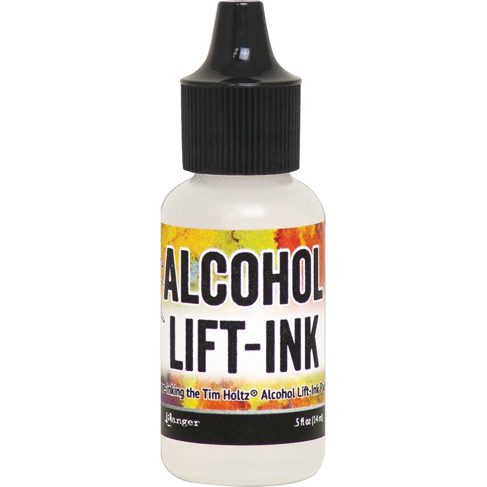 Alcohol Lift-Ink Reinker (refill) - by Tim Holtz and Ranger. .5 fl oz (14ml) bottle with fine tip applicator. Refill bottle for reinking the Alcohol Lift-Ink Pad (sold separately). Also available as part of a 2-piece set (both Reinker and Ink Pad in one pack). Lift-Ink is a clear ink designed to lift color from non-porus surfaces and transfer to porous surfaces. Use with clear or rubber stamps to remove ink from backgrounds created with Tim Holtz Alcohol Inks (sold separately).
