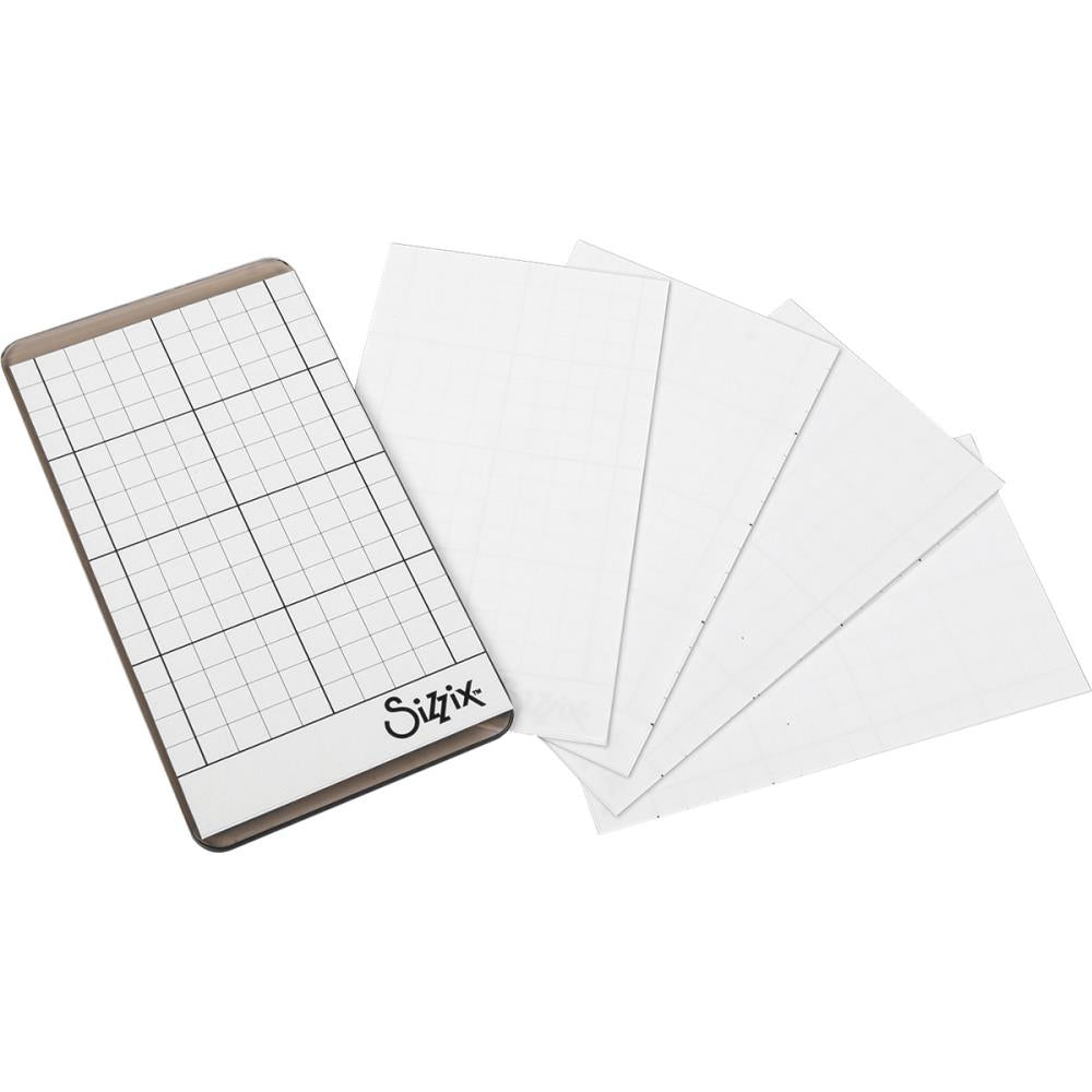 Sticky Grid Sheets, Small - 5 (five) pieces, sized 2 1/2" x 4 1/2" ... by Tim Holtz and Sizzix. Reusable, versatile and long lasting. Sticky Grid Sheets (small, 2.5" x 4.5" in size) are a tacky sheetlet designed to hold die cutting templates like Thinlits and Framelits firmly in place, enabling you to cut out the same shape or word multiple times without it shifting while you create.