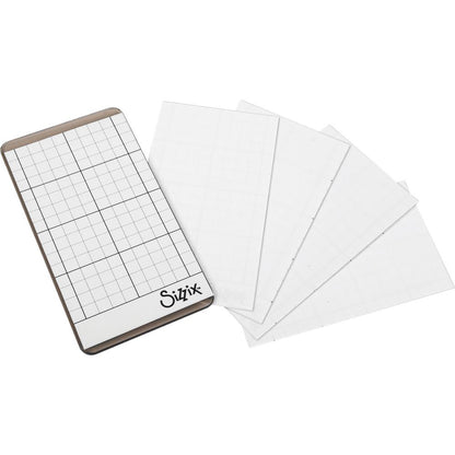 Sticky Grid Sheets, Small - 5 (five) pieces, sized 2 1/2" x 4 1/2" ... by Tim Holtz and Sizzix. Reusable, versatile and long lasting.  Sticky Grid Sheets (small, 2.5" x 4.5" in size) are a tacky sheetlet designed to hold die cutting templates like Thinlits and Framelits firmly in place, enabling you to cut out the same shape or word multiple times without it shifting while you create.
