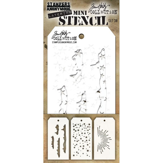 Snowcap, Falling Stars, Burst ... set of 3 mini layering stencils by Tim Holtz THMS038