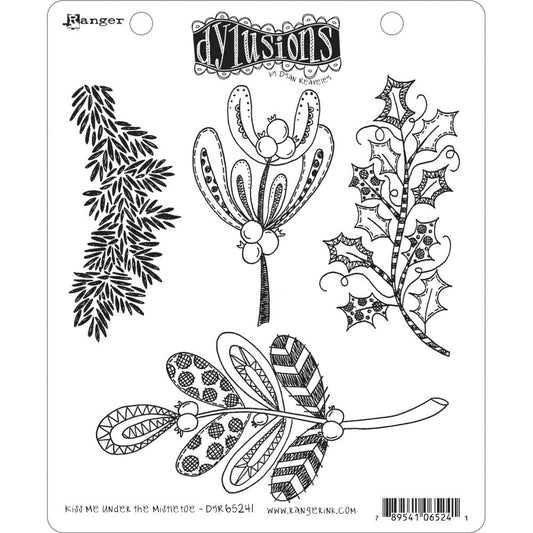 Dylusions Cling Rubber Stamps - Kiss Me Under The Mistletoe. stylized holly, pine and mistletoe leaves and branches all in Dyan's unique fun abstract style. A total of 4 (four) cling rubber art stamps. Dyan Reaveley's original designs and drawings created into high quality rubber stamps for use in cardmaking, art journaling, planners, mixed media art and other craft projects.