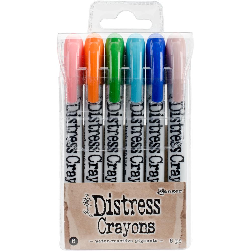 Tim Holtz Distress Crayons, Set 6 - Worn Lipstick, Carved Pumpkin, Mowed Lawn, Broken China, Blueprint Sketch and Victorian Velvet