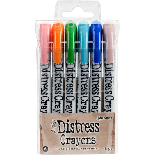Tim Holtz Distress Crayons, Set 6 - Worn Lipstick, Carved Pumpkin, Mowed Lawn, Broken China, Blueprint Sketch and Victorian Velvet