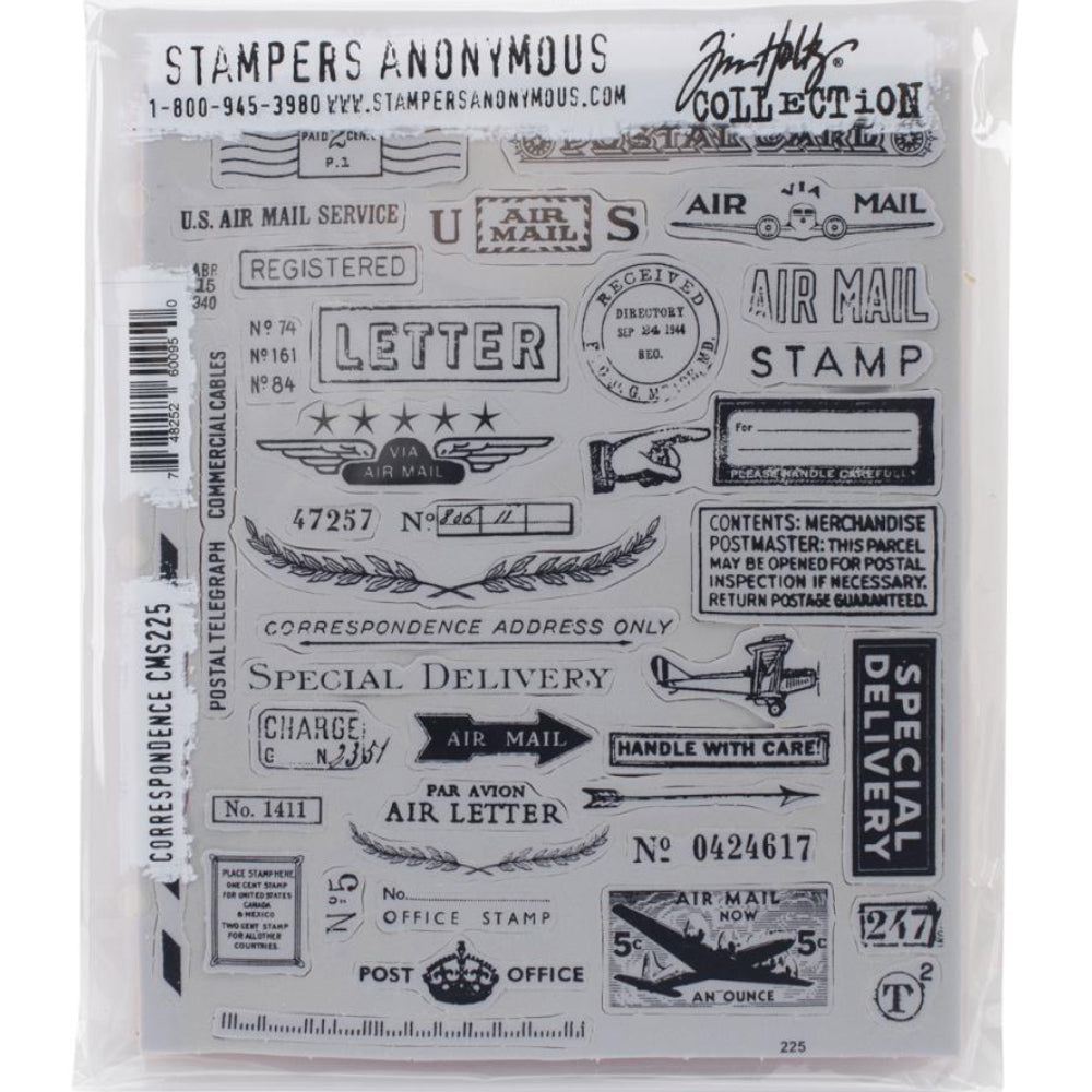 Correspondence ... 40 versatile rubber stamps by Tim Holtz (CMS225) and Stampers Anonymous. collection of banners, postage marks, vintage sticker designs, labels, a groovy biplane (stamp on collage paper to get it to fly the other way), and so much more. There are 40 (forty) designs in this set, perfect for snail mail, pen pals, greeting cards, scrapbooking, layering on anything and other creative moments. Use as individual stamps or print the whole sheet at once!