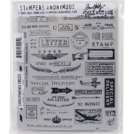 Correspondence ... 40 versatile rubber stamps by Tim Holtz (CMS225) and Stampers Anonymous. collection of banners, postage marks, vintage sticker designs, labels, a groovy biplane (stamp on collage paper to get it to fly the other way), and so much more. There are 40 (forty) designs in this set, perfect for snail mail, pen pals, greeting cards, scrapbooking, layering on anything and other creative moments. Use as individual stamps or print the whole sheet at once!