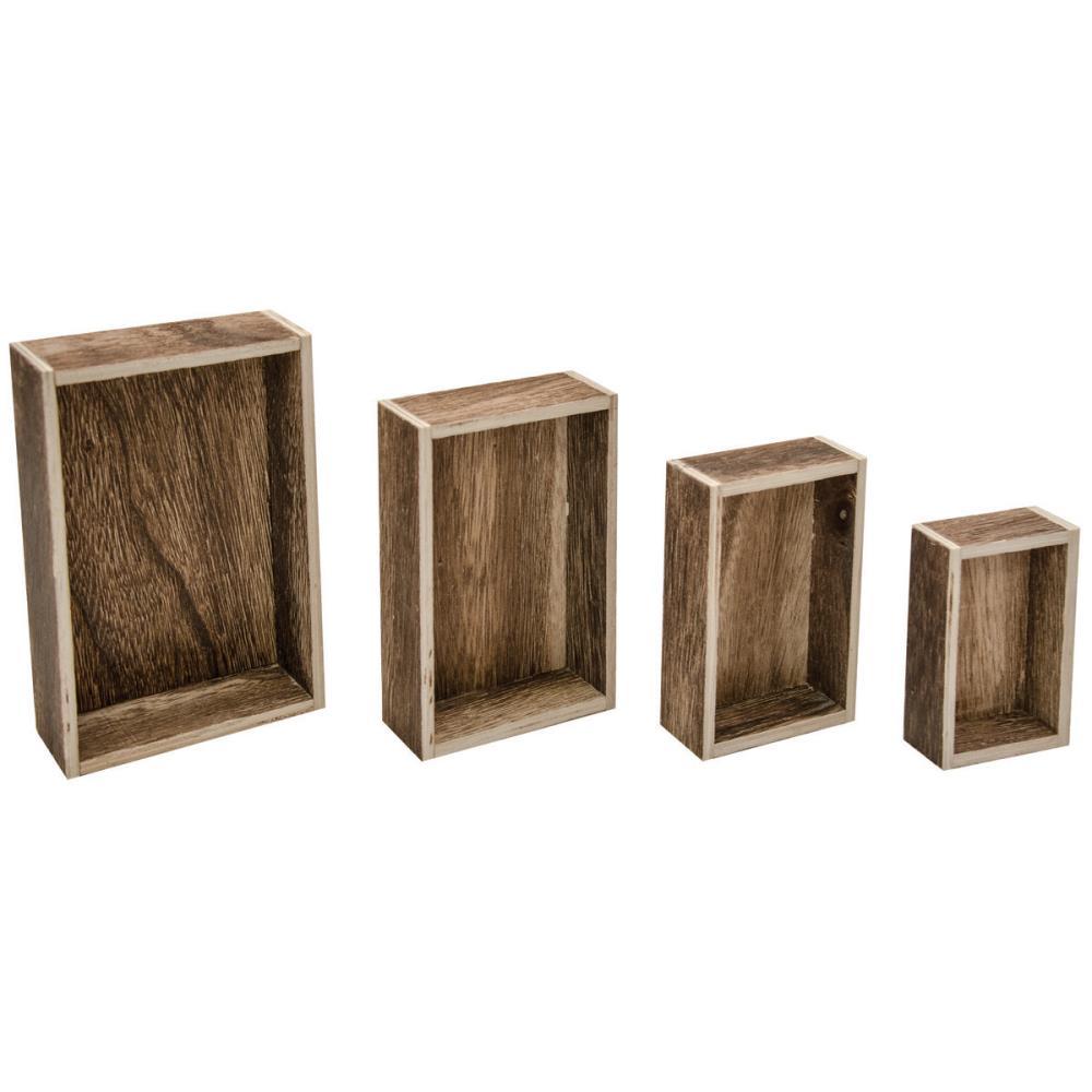Idea-Ology Wooden Vignette Boxes - by Tim Holtz ... 4 (four) rectangular brown open box frames. Wooden, shallow box to use for storage, creating off the page creations or mixed media projects. 4 (four) sizes, one of each size ranging from smallest tray 2 1/8" x 3 1/8", largest is 3 7/8" x 5 1/2". Depths range from 13/16" to 1 1/2" deep. Designed by Tim Holtz, made by Advantus Corp. TH93279