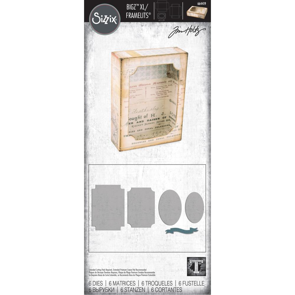 Curio Box Set Bigz Die with Framelits - by Tim Holtz. Die Cutting Templates by Sizzix (no.664419) to use to create boxes, frames and other useful items. Basic box size is approx 4 1/8" x 2 7/8", x 1 1/8" deep.   Create a whole collection of little boxes and framed artworks out of all kinds of substrates including fabrics, acetate (clear boxes), book paper, heavystock card, Sizzix Texture Roll and more, using this fantastic and versatile set of die cutting templates.