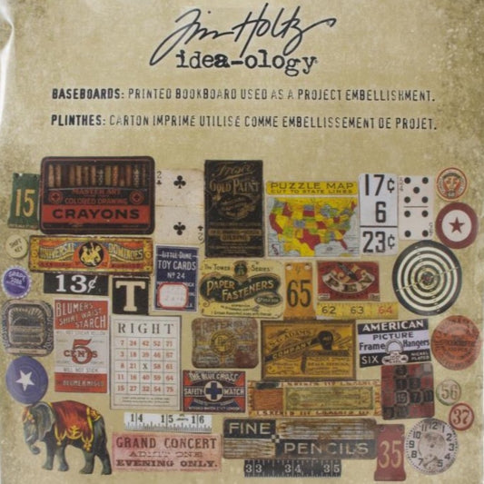overview of the designs in Junk Drawer - Tim Holtz Idea-Ology Baseboard Die Cuts ... 40 salvaged designs made from thick chipboard (2mm thick) to use as an embellishment for scrapbooks, cardmaking, visual arts. This intriguing collection includes a collection of wonderful vintage labels and shapes including an antique crayon tin label, circus elephant, concert ticket, pencil box, tickets, price tags, paper fastener tin lid, clock face, and so much more.TH94044