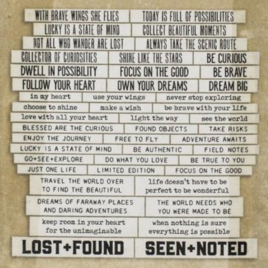 Quote Chips - Theories ... by Tim Holtz Idea-Ology. A collection of chipboard elements displaying words and phrases. Each strip features black wording on an antique white background. 47 (forty seven) pieces. A wonderful collection of words and phrases made of sturdy thick chipboard to add to your greeting cards, off the page masterpieces, scrapbooks, cardmaking, ATCs, mixed media, journaling, collage and other arts and gift making projects. TH94045