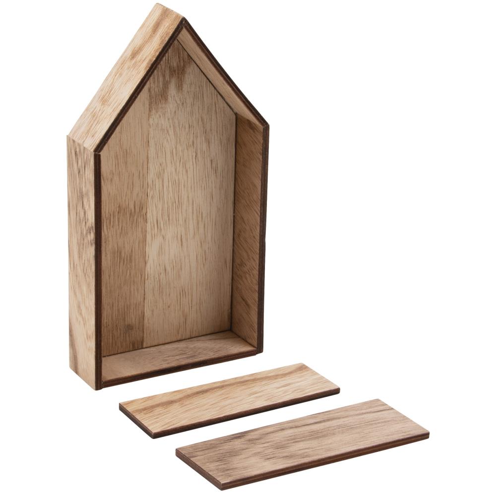 Vignette Shrine ... by Tim Holtz Idea-Ology. Wooden, shallow open-top box or tray to use for home decor, gifts, creative frames or mixed media projects. One house shaped design with 2 (two) rectangle pieces for the base. 3 (three) piece kit. Main tray is 4 1/4" x 9". Image showing the house and 2 shelves.