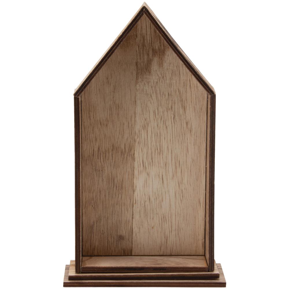 Vignette Shrine ... by Tim Holtz Idea-Ology. Wooden, shallow open-top box or tray to use for home decor, gifts, creative frames or mixed media projects. One house shaped design with 2 (two) rectangle pieces for the base. 3 (three) piece kit. Main tray is 4 1/4" x 9".