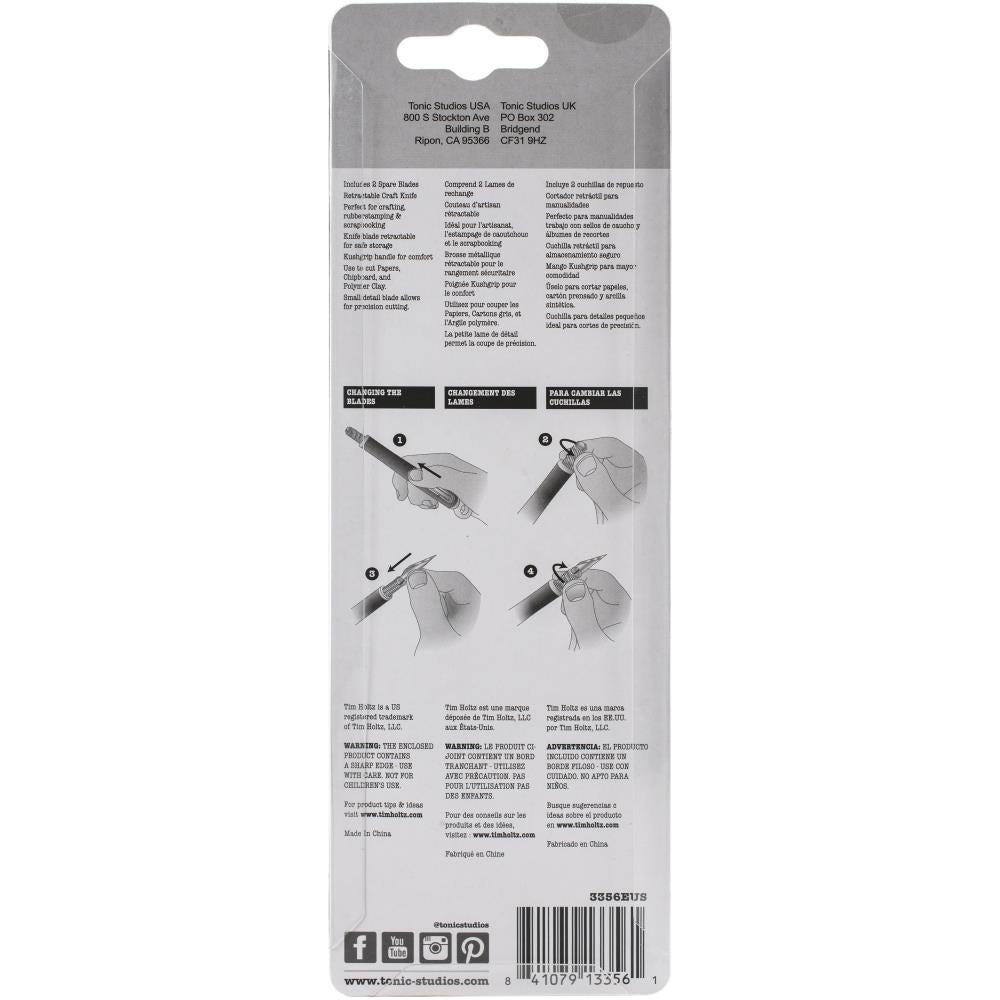 back of the packaging showing instructions for Retractable Craft Knife - Tim Holtz by Tonic Studios