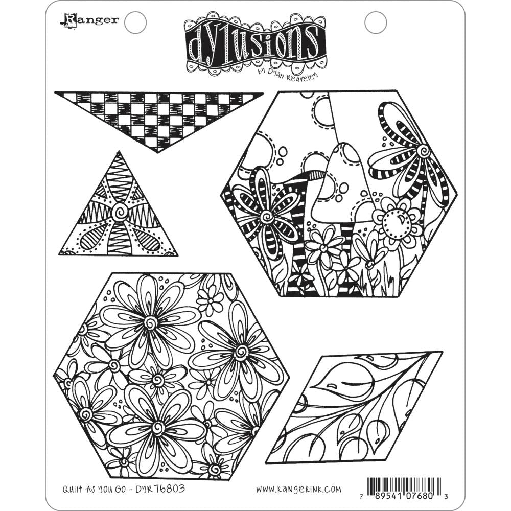 Quilt As You Go ... rubber stamp set - Dylusions by Dyan Reaveley (5 designs). Quilting the Dylusional Way! This fun set of hexagons, diamond and triangles has fabulous and versatile designs including tangled patterns, toadstools and flowers. Cling stamps are perfect for all art and craft projects including journaling, mixed media, cardmaking, scrapbooking, creating any kind of art, stamping to colour in, gift wrap or off-the-page projects, making shrink plastic tags. DYR76803