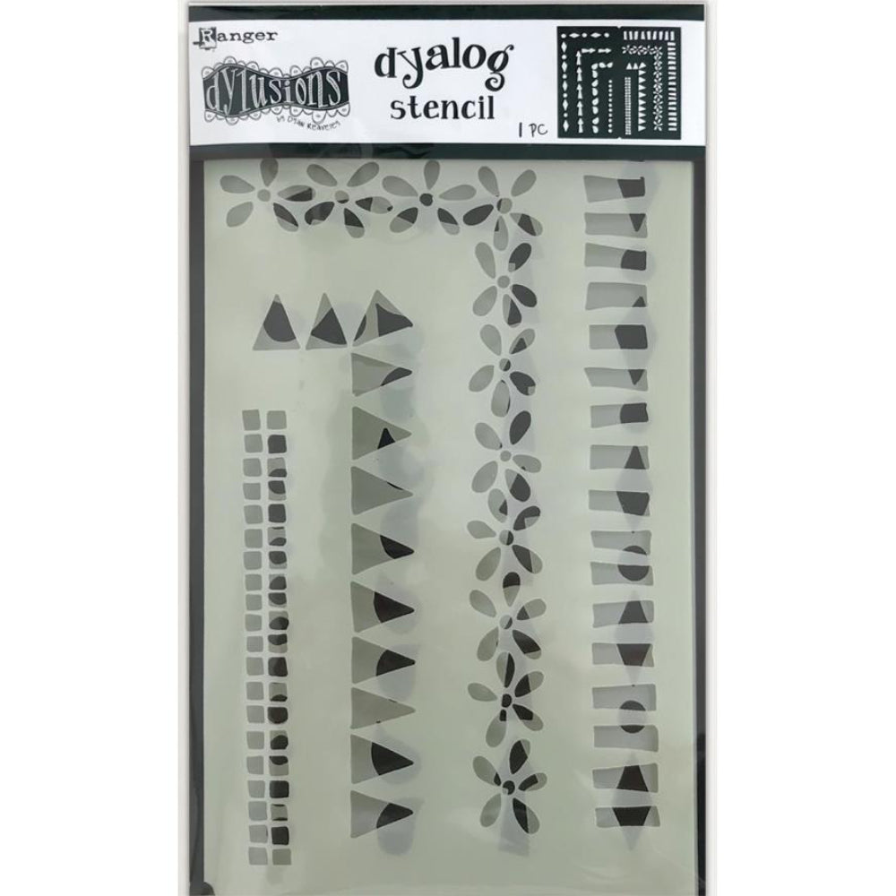 Dyalog Frame It ... by Dyan Reaveley of Dylusions ... multiple stencil designs in one folded piece to fit inside your Dyalog organiser, art journal, diary or planner. Frame It features 8 designs in 1 - dashes, flowers, triangles and more. These fab stencils are perfect for edges, borders, dividers, using as a featured element, windows, boxes and backgrounds.