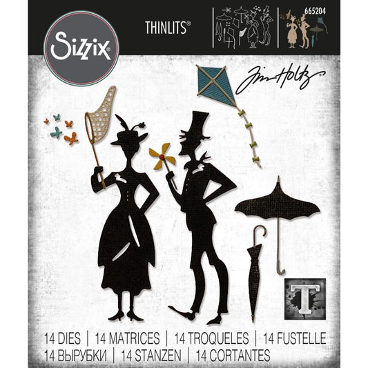 The Park ... Thinlits Die Cutting Templates by Tim Holtz, made by Sizzix (no.665204). Silhouettes of a lady, gentleman and their accessories.  Lets go fly a kite or sweep chimneys with these two wonderful characters. Use for or with tags, off the page creations, add layers to cards, scrapbook pages, journaling, mix and match with other sets to share the joy of flying a kite, catching butterflies, holding fans, using brollies, parasols and umbrellas - use wherever and however you wish :) Have fun!