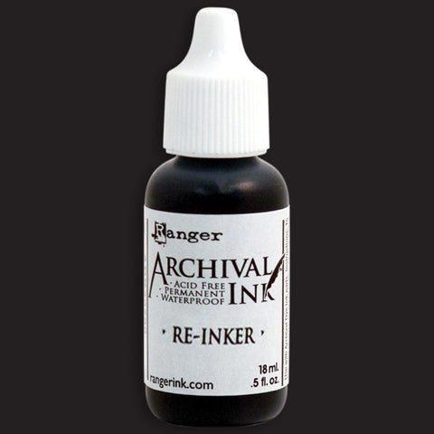 Jet Black Archival Ink - by Ranger ... Re-Inker (refill) for the Ranger Jet Black Archival Ink Pad. Bottle contains 18ml, .5 fl oz with a fine nozzle.  Ranger's Archival Ink is permanent on porous surfaces like card, paper and over acrylic paint. This black ink is ideal for all arts and crafts including mixed media, stamping and art journaling projects.