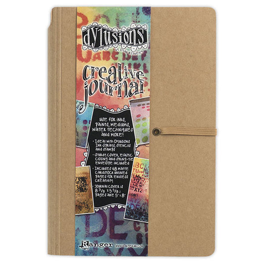 Dylusions Creative Journal, Small 5"x8" ... by Dyan Reaveley and Ranger - This book features a hardback kraft cover, pocket inside the front cover, elastic closure, and filled with 48 pages of blank creamy white 240gsm Mixed Media Cardstock with a matte finish. Opens flat for ease of use.