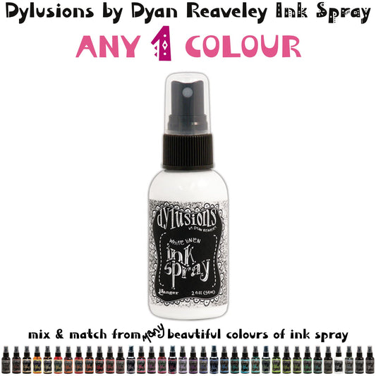 Dylusions by Dyan Reaveley Ink Sprays made by Ranger. Watersoluble dye based mixed media ink, dries translucent and matte on paper, card, porous surfaces. Use for spraying tones of colour, watercolour techniques, painting, colouring, blending backgrounds, stamping, stenciling, filling empty waterbrushes to make paint pens. Choose from over 40 colours. Image of an overview.