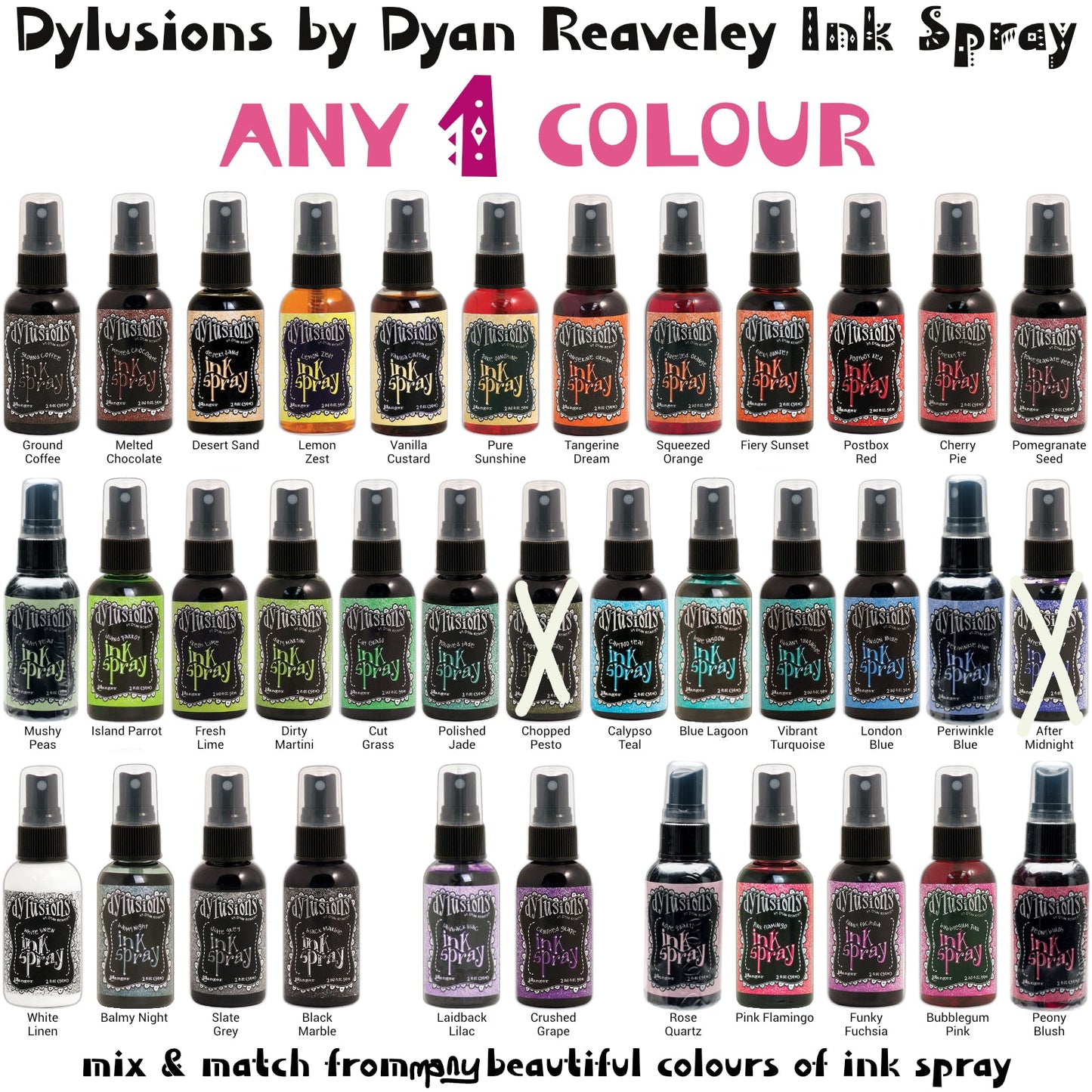 Dylusions Ink Spray by Dyan Reaveley and Ranger. A colourful selection of artist quality dye-based ink in a spray mister bottle, designed to meet Dyan Reaveley's specifications for art journaling. They are clean vibrant colours that are easy to use as sprays, in empty aquabrushes or markers for blending, colouring, painting, marbling, spraying and spattering. They dry to a matte finish on most porous surfaces like paper and cardstock.
