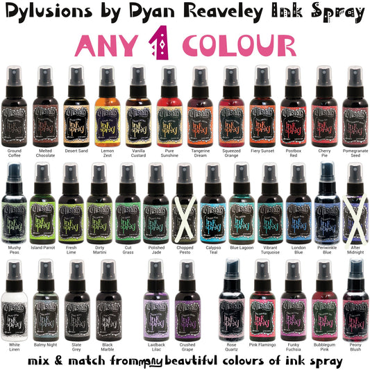 Dylusions Ink Spray by Dyan Reaveley and Ranger. A colourful selection of artist quality dye-based ink in a spray mister bottle, designed to meet Dyan Reaveley's specifications for art journaling. They are clean vibrant colours that are easy to use as sprays, in empty aquabrushes or markers for blending, colouring, painting, marbling, spraying and spattering. They dry to a matte finish on most porous surfaces like paper and cardstock.