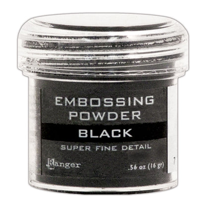 Ranger Embossing Powder in opaque black for creating super fine detail - Add colour, dimension, and texture to paper craft, mixed media and hand lettering projects with Ranger heat activated Embossing Powder. Embossing powder once melted with a heat tool, creates a smooth dimensional permanent finish on cardstock, scrapbook paper, TH Etcetera artboards, embellished canvas shoes and other arty projects.