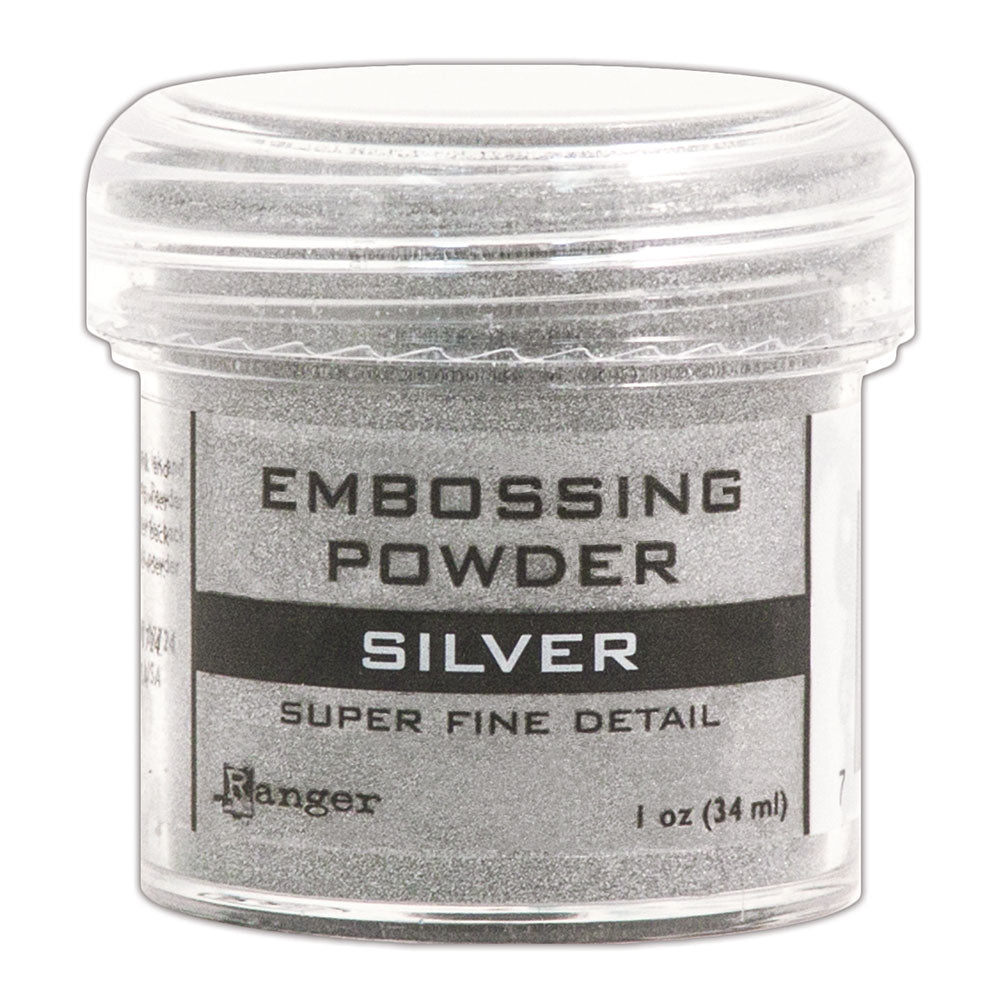 Ranger Embossing Powder in metallic silver for creating super fine detail - Add colour, dimension, and texture to paper craft, mixed media and hand lettering projects with Ranger heat activated Embossing Powder. Embossing powder once melted with a heat tool, creates a smooth dimensional permanent finish on cardstock, scrapbook paper, TH Etcetera artboards, embellished canvas shoes and other arty projects.