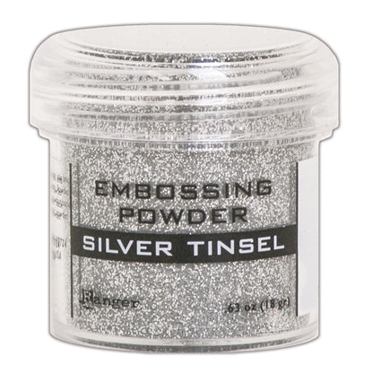 Silver Tinsel - gloss silver sparkly shimmery finish - Add colour, dimension, and texture to paper craft, mixed media and hand lettering projects with Ranger heat activated Embossing Powder. Embossing powder once melted with a heat tool, creates a smooth dimensional permanent finish on cardstock, scrapbook paper, TH Etcetera artboards, embellished canvas shoes and other arty projects.