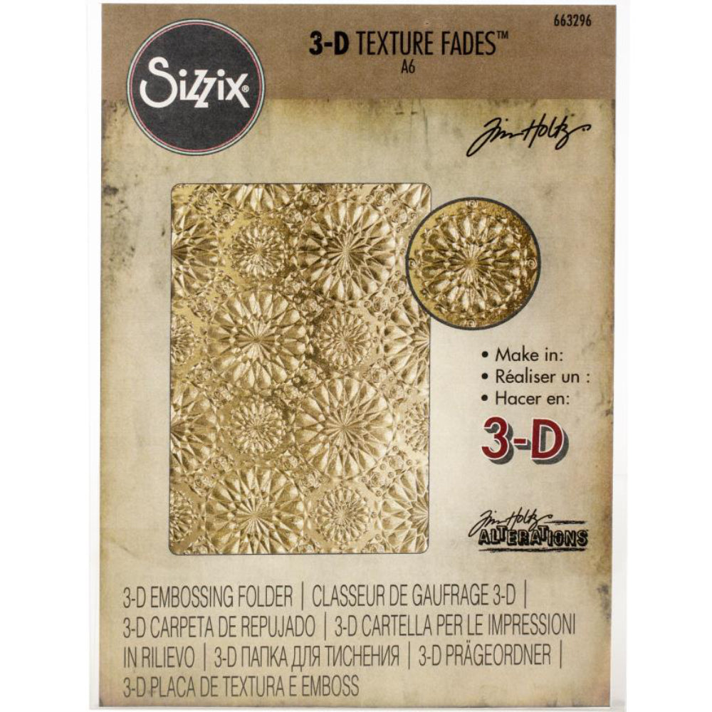 Kaleidoscope - 3D Texture Fades Embossing Folder ... by Tim Holtz and Sizzix (no.663296). Use to create multi-dimensional patterns in paper and cardstock for mixed media, papercrafts and visual arts. Embossing folder (approx) 4 1/4" x 6 1/4" in size. Kaleidoscope is a beautiful design featuring a detailed pattern inspired by the never ending pictures inside the kaleidoscope... flowery mandala starry splashes... the image says it all. The fab design covering the whole surface of