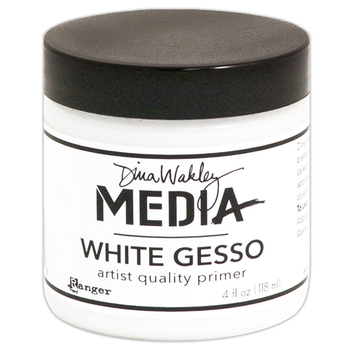 White Gesso - Dina Wakley MEdia ... artist quality white opaque primer for preparing surfaces for painting, mixed media and visual arts. 1 (one) jar, 4 fl oz (118ml). Made by Ranger. Ranger's Dina Wakley MEdia's artist quality White Gesso (also called grounds or primer) is a thick consistency, made of an acrylic base that is water soluble when wet. This quick drying gesso dries opaque white, flexible with a toothy finish.