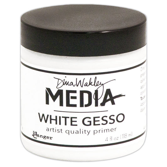 White Gesso - Dina Wakley MEdia ... artist quality white opaque primer for preparing surfaces for painting, mixed media and visual arts. 1 (one) jar, 4 fl oz (118ml). Made by Ranger.   Ranger's Dina Wakley MEdia's artist quality White Gesso (also called grounds or primer) is a thick consistency, made of an acrylic base that is water soluble when wet. This quick drying gesso dries opaque white, flexible with a toothy finish.