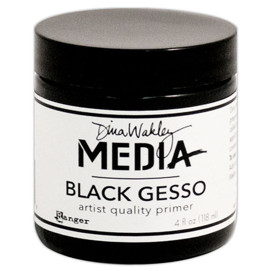 Black Gesso - Dina Wakley MEdia ... artist quality black opaque primer for preparing surfaces for painting, mixed media and visual arts. 1 (one) jar, 4 fl oz (118ml). Made by Ranger.   Ranger's Dina Wakley MEdia's artist quality Black Gesso (also called grounds or primer) is a thick consistency, made of an acrylic base that is water soluble when wet. This quick drying gesso dries opaque black, flexible with a toothy finish.