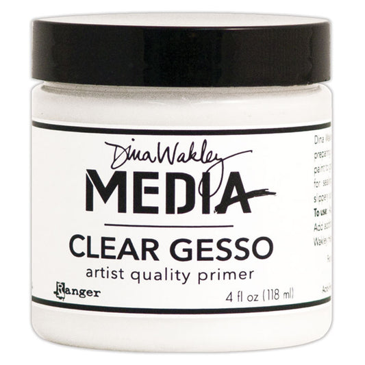 Clear Gesso - Dina Wakley MEdia ... artist quality primer for preparing surfaces for painting, mixed media and visual arts. 1 (one) jar, 4 fl oz (118ml). Made by Ranger.   Ranger's Dina Wakley MEdia's artist quality Clear Gesso (also called grounds or primer) is a thick consistency, made of an acrylic base that is water soluble when wet. This quick drying gesso dries flexible and transparent with a toothy finish.