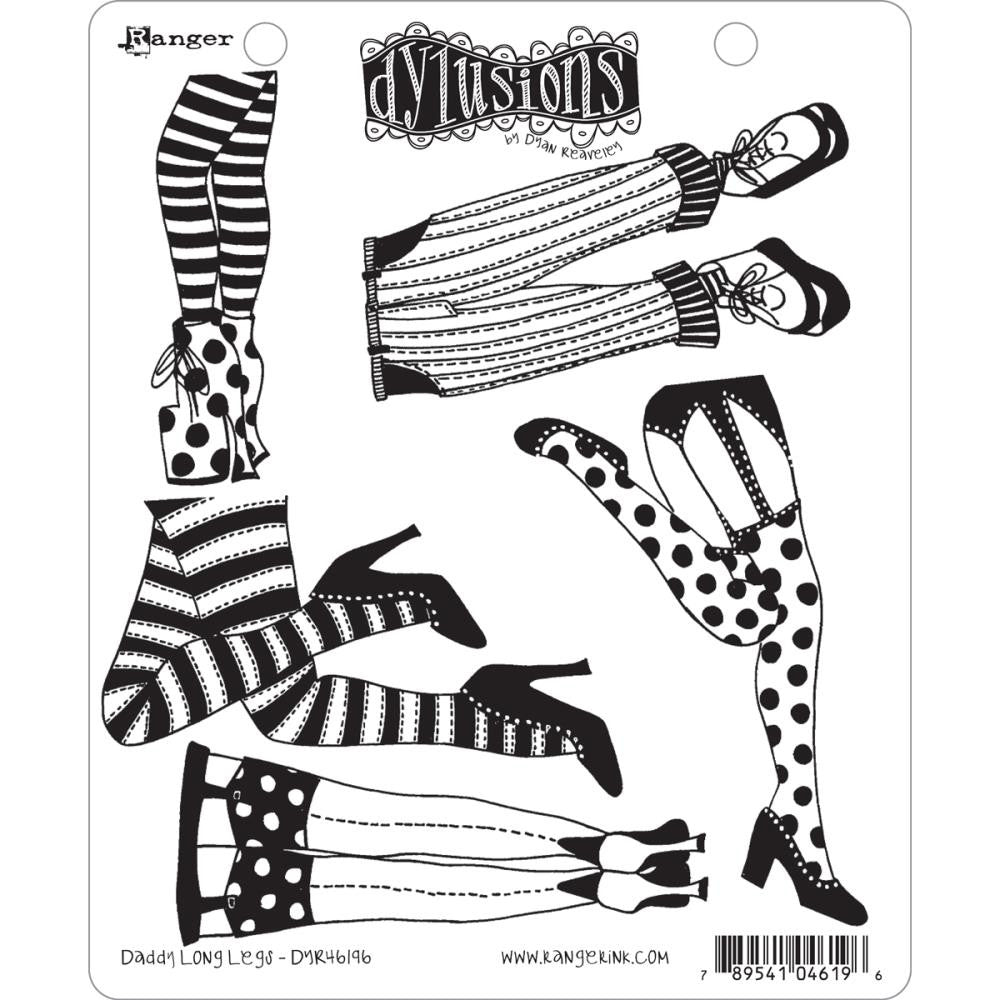 Daddy Long Legs ... Cling Rubber Stamp Set from Dylusions by Dyan Reaveley. Featuring 5 pairs of human legs with stylish patterned trousers and stockings standing in various positions, wearing with stilettos, spotty heels and other shoes. All handrawn by Dyan in her unique fun bold style. Mix and match with all your fave Dylusions stamps for journals, cards, tags, mixed media and visual arts.