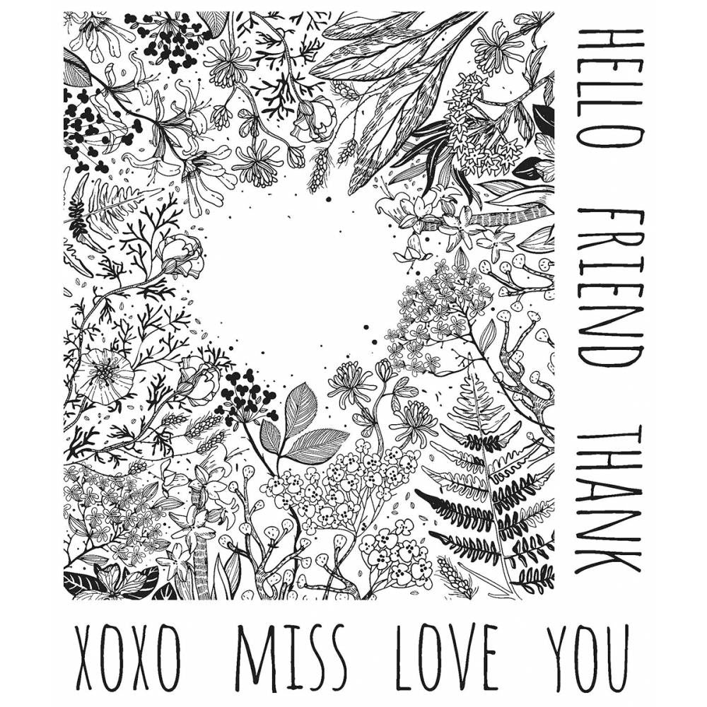 Stamp set designed by Tim Holtz, made by Stampers Anonymous. Beautiful sketch of flowers and foliage with words.