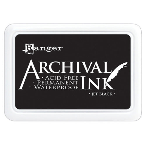 Jet Black - Archival Ink Stamp Pad ... by Ranger. Full sized ink pad, 3"x2" with raised felt for easy application. Ranger's Archival Ink is permanent on porous surfaces like card, paper and over acrylic paint. This black ink is ideal for all arts and crafts including mixed media, stamping and art journaling projects.